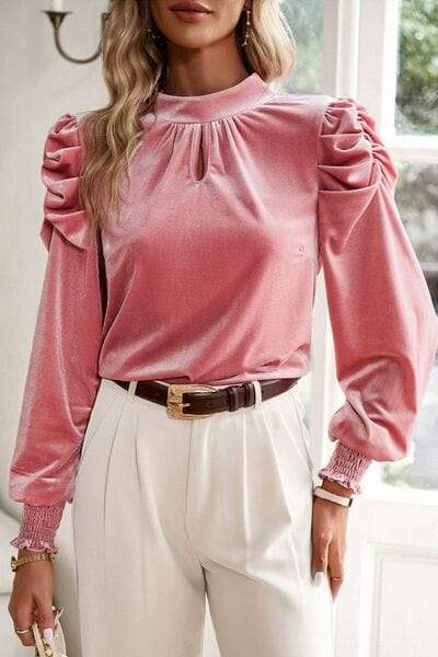 Tie Up Mock Neck Velvet Fabric Long Sleeve Blouse - Trendsi - Flyclothing LLC