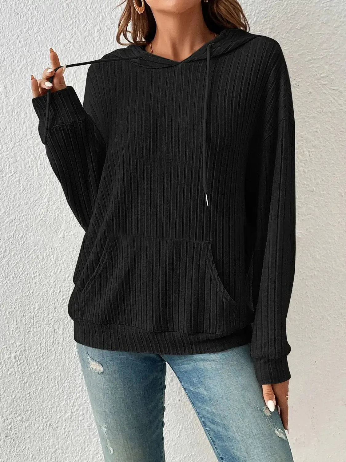 Ribbed Dropped Shoulder Drawstring Hoodie - Trendsi - Flyclothing LLC