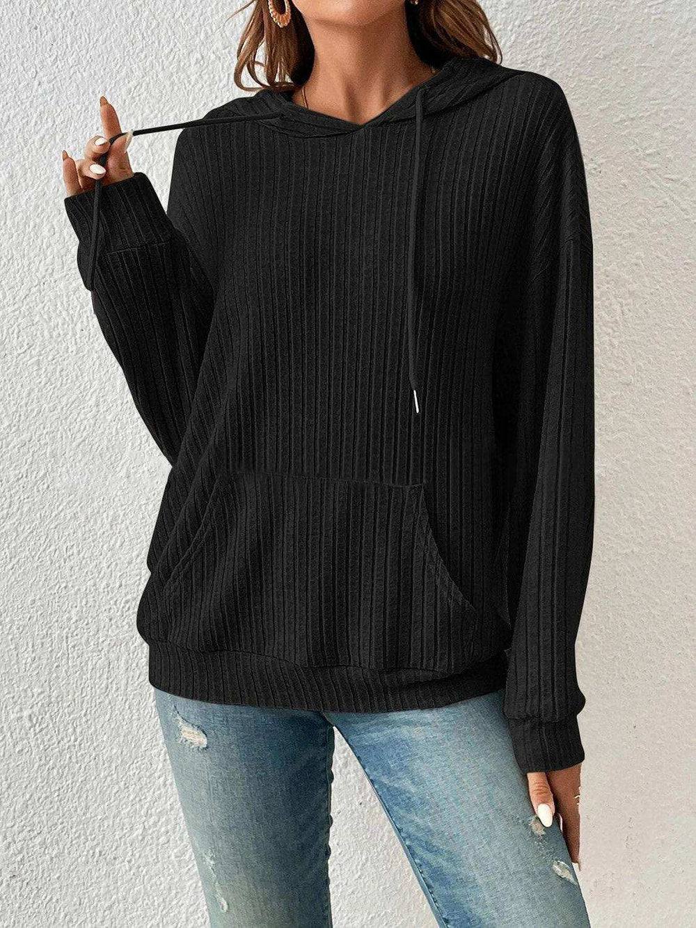 Ribbed Dropped Shoulder Drawstring Hoodie - Trendsi - Flyclothing LLC