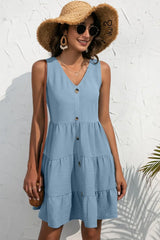 Decorative Button V-Neck Tiered Sleeveless Dress - Trendsi - Flyclothing LLC