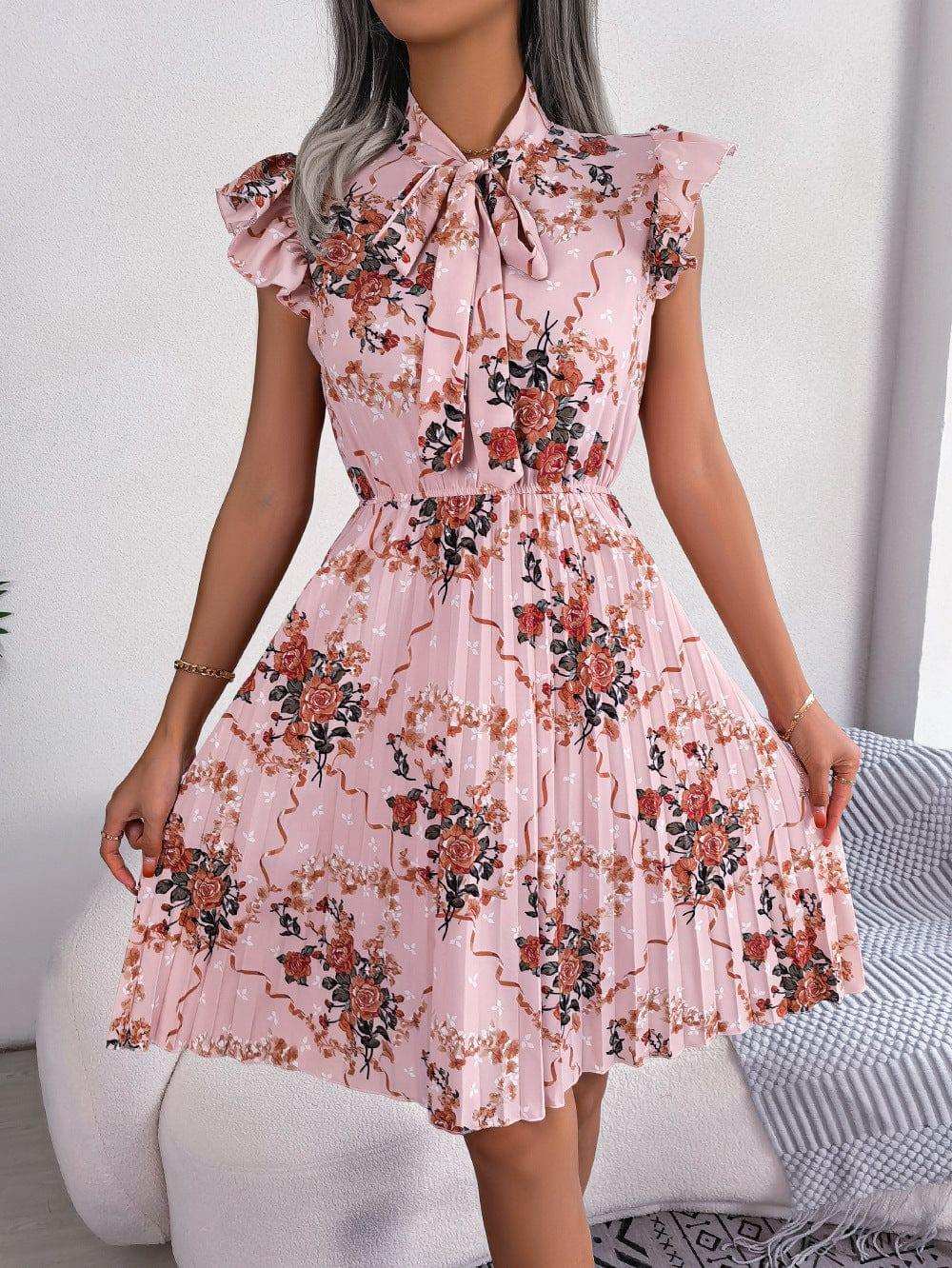 Pleated Floral Printed Tie Neck Knee Length Dress - Trendsi - Flyclothing LLC
