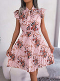 Pleated Floral Printed Tie Neck Knee Length Dress - Trendsi - Flyclothing LLC