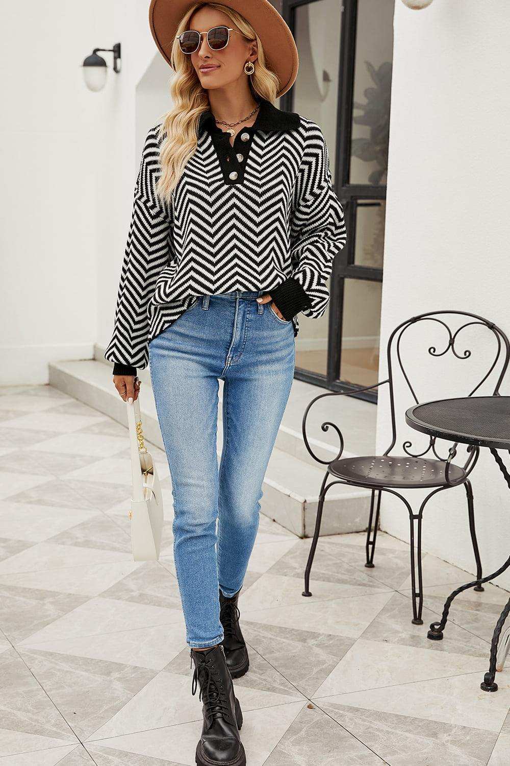 Striped Collared Neck Buttoned Pullover Sweater - Trendsi - Flyclothing LLC