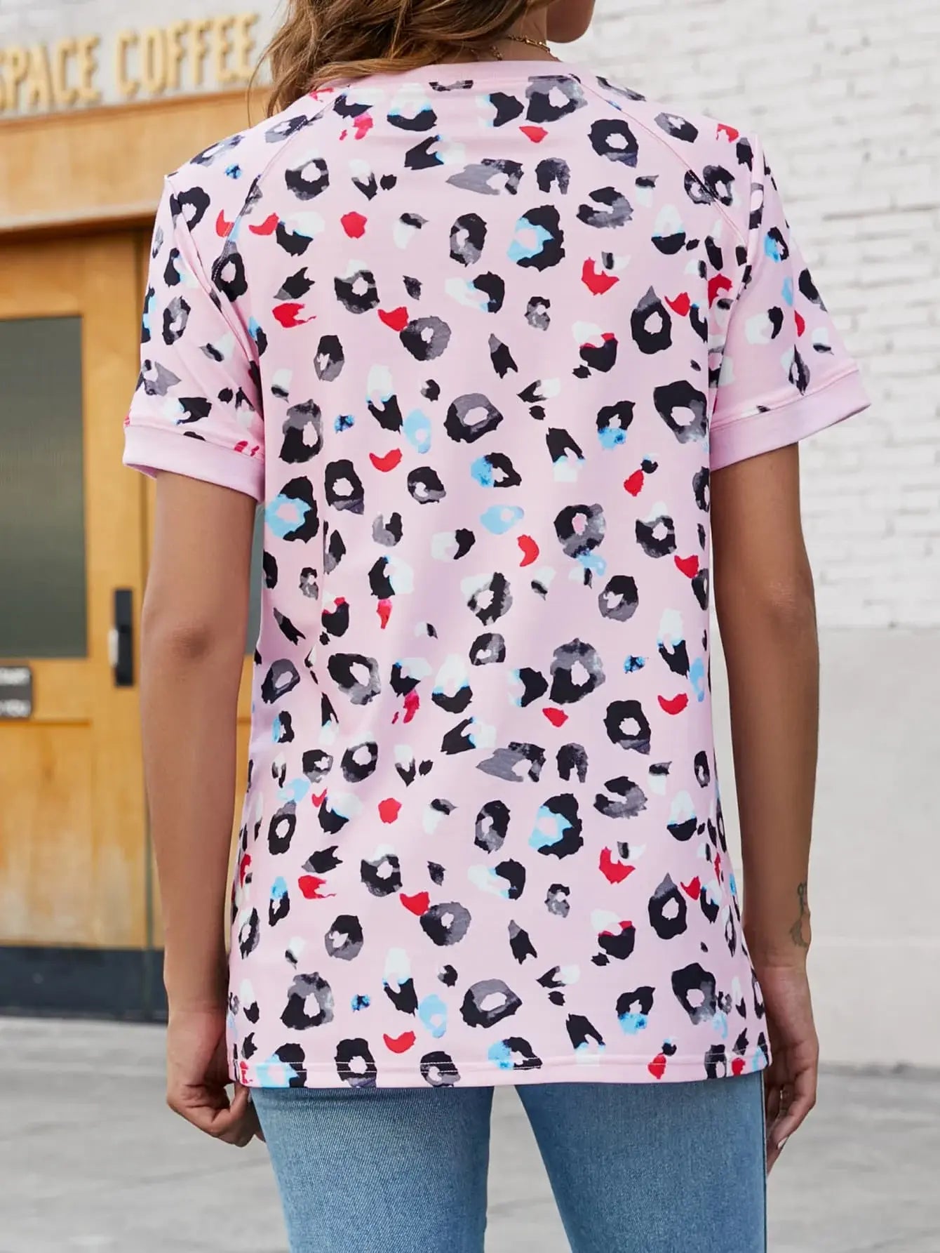 Leopard Round Neck Short Sleeve Tee Shirt - Trendsi - Flyclothing LLC