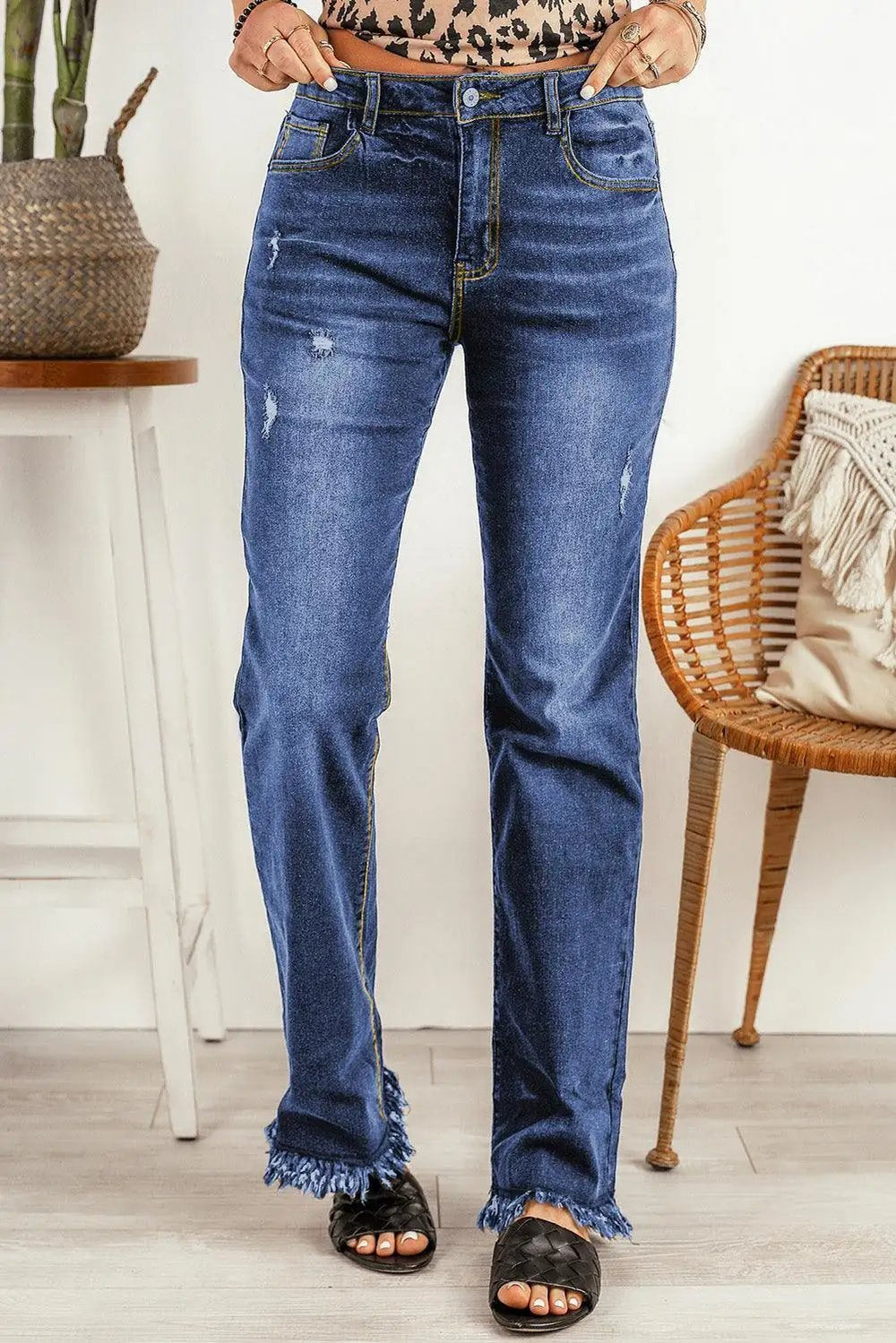 Ripped Frayed Hem Jeans - Trendsi