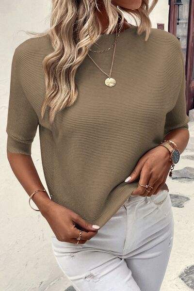 Round Neck Half Sleeve Knit Top - Trendsi - Flyclothing LLC