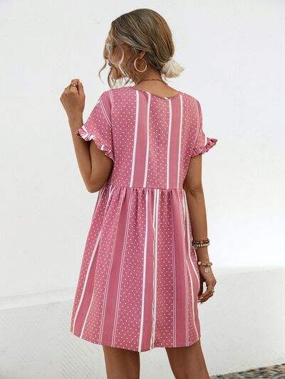 Striped Polka Dot Frill Short Sleeve Mini Dress - Trendsi - Flyclothing LLC