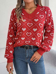 Heart Pattern V-Neck Long Sleeve Sweater - Trendsi