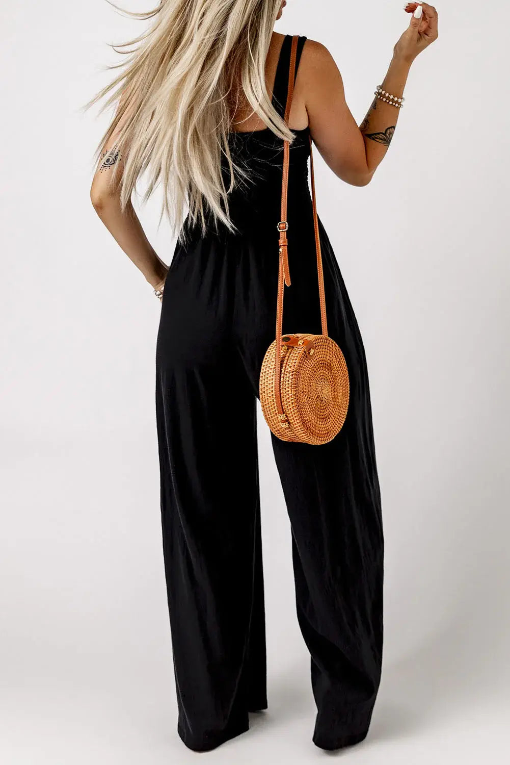 Smocked Square Neck Wide Leg Jumpsuit with Pockets - Trendsi - Flyclothing LLC