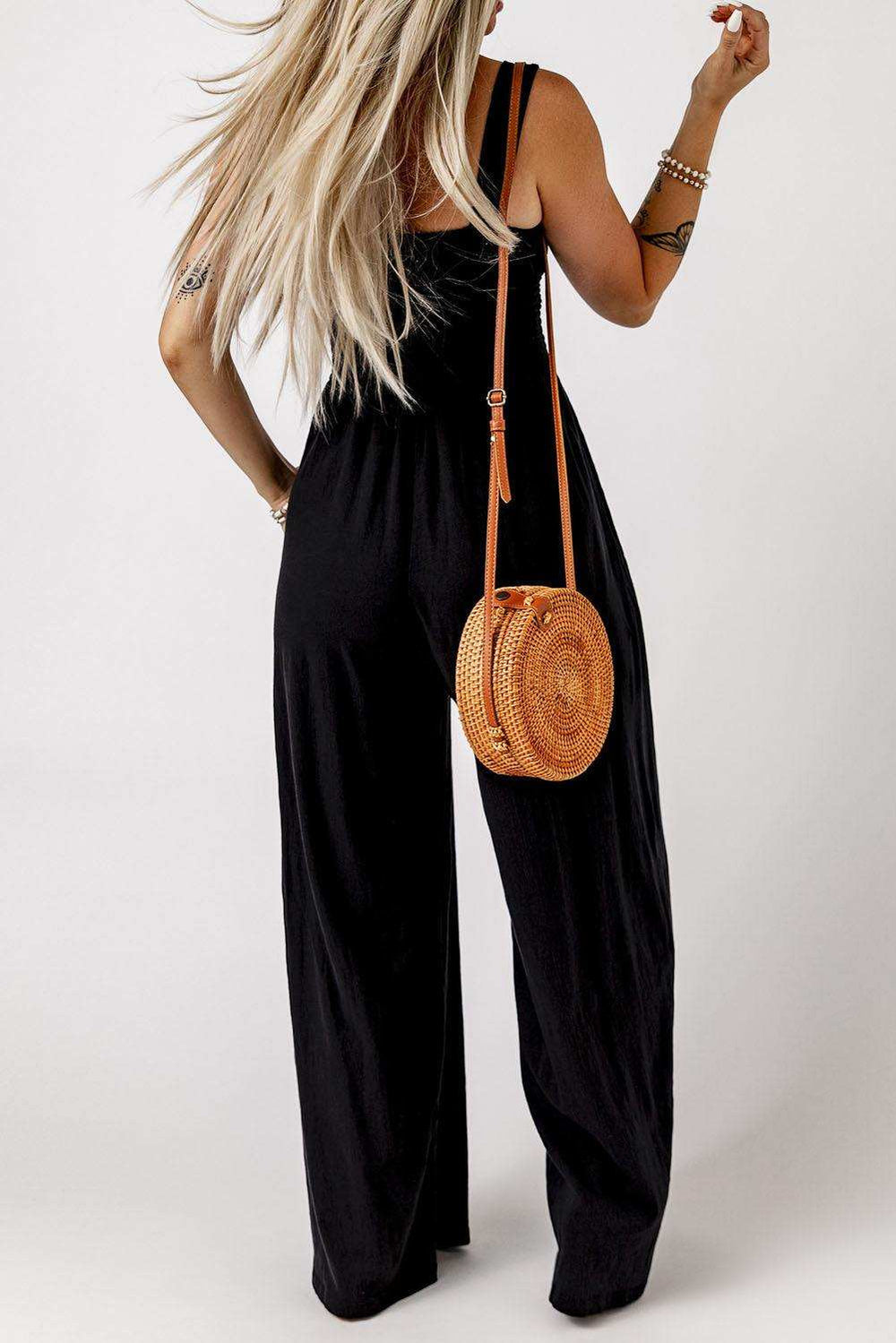 Smocked Square Neck Wide Leg Jumpsuit with Pockets - Trendsi - Flyclothing LLC