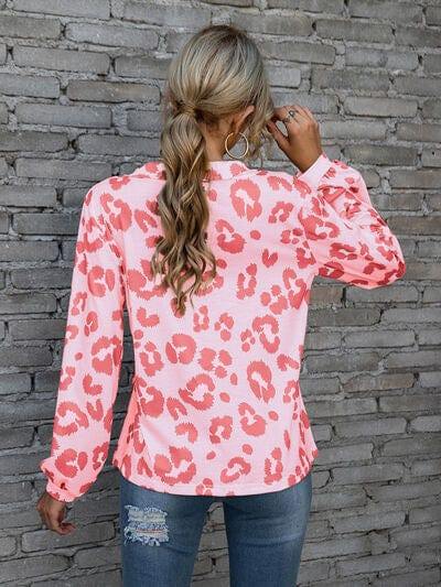Leopard V-Neck Decorative Button Long Sleeve Blouse - Trendsi