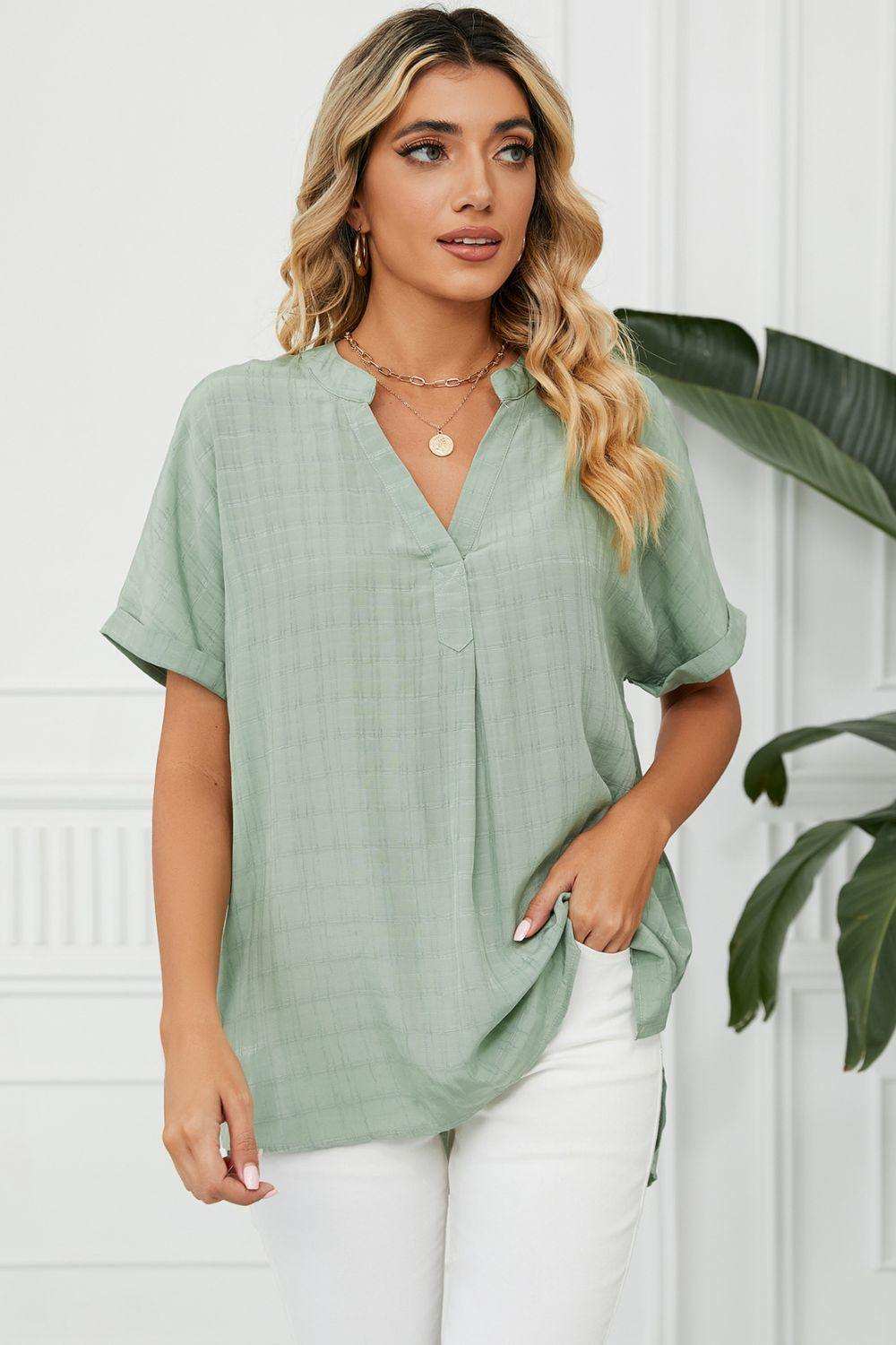 Side Slit Notched Neck Cuffed Short Sleeve Blouse - Trendsi - Flyclothing LLC