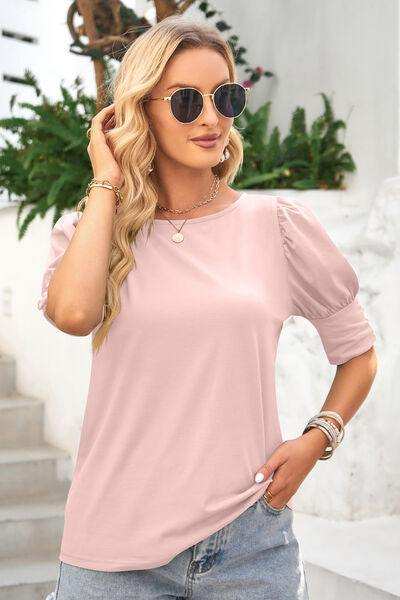 Round Neck Lantern Sleeve Blouse - Trendsi - Flyclothing LLC
