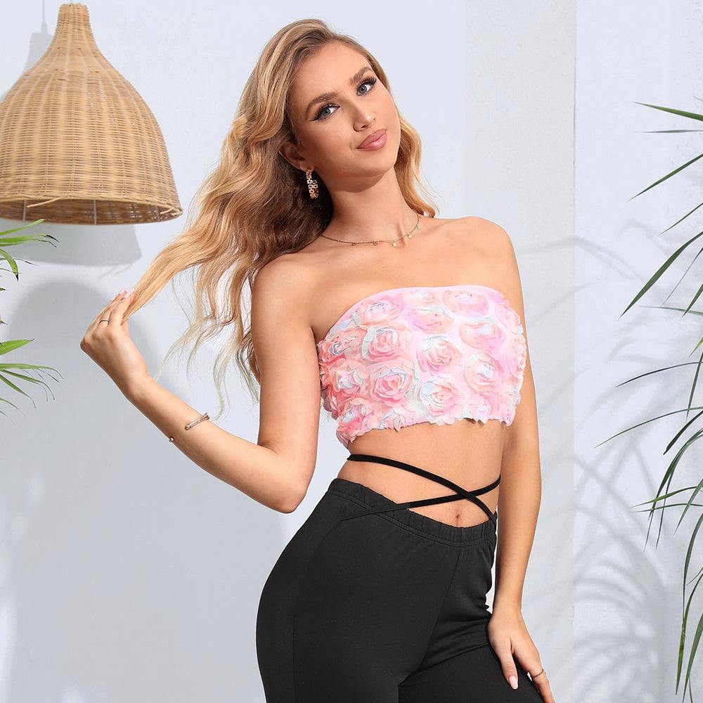 Floral Detail Cropped Tube Top - Trendsi