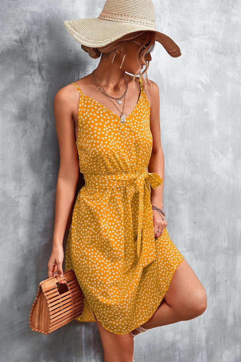 Printed V-Neck Tie Waist Mini Dress - Trendsi - Flyclothing LLC