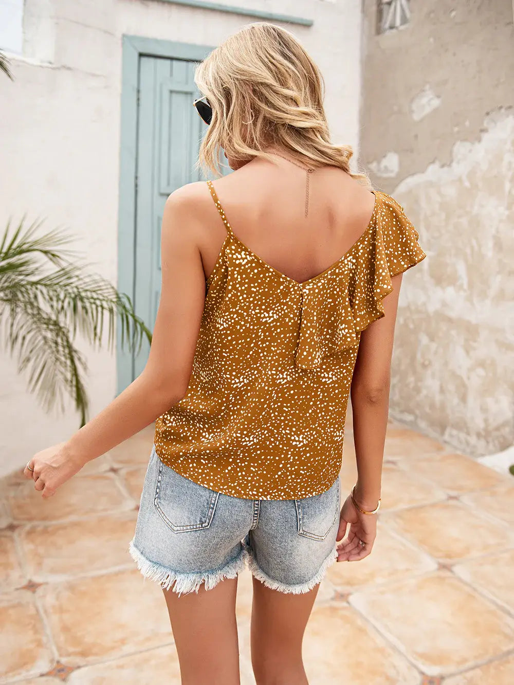 Polka Dot Ruffle Trim Asymmetrical Tank Top - Trendsi - Flyclothing LLC