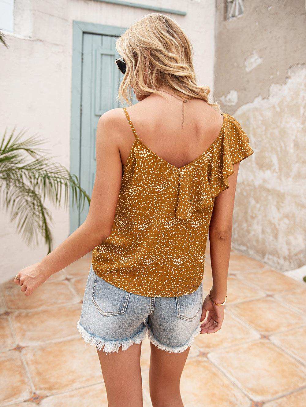 Polka Dot Ruffle Trim Asymmetrical Tank Top - Trendsi - Flyclothing LLC