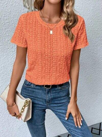 Eyelet Round Neck Short Sleeve T-Shirt - Trendsi - Flyclothing LLC
