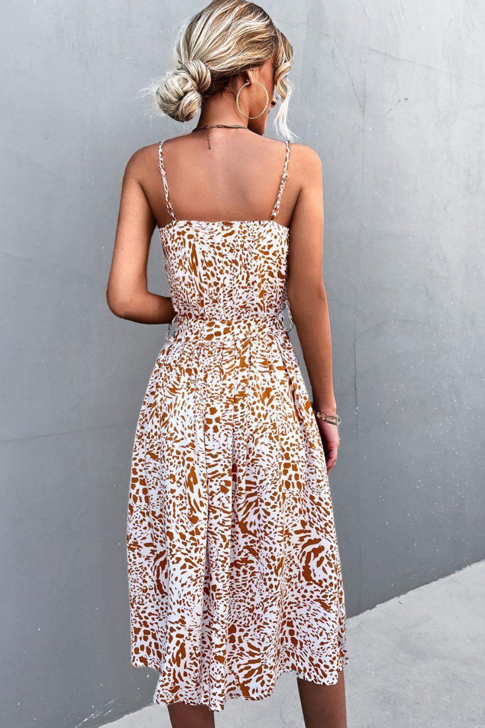 Printed Spaghetti Strap Decorative Button Belted Dress - Trendsi - Flyclothing LLC