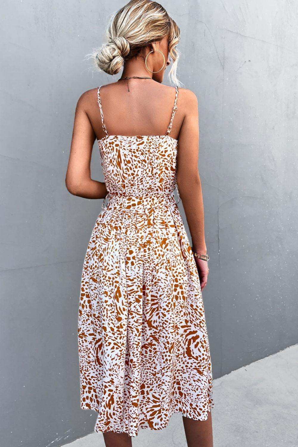 Printed Spaghetti Strap Decorative Button Belted Dress - Trendsi - Flyclothing LLC