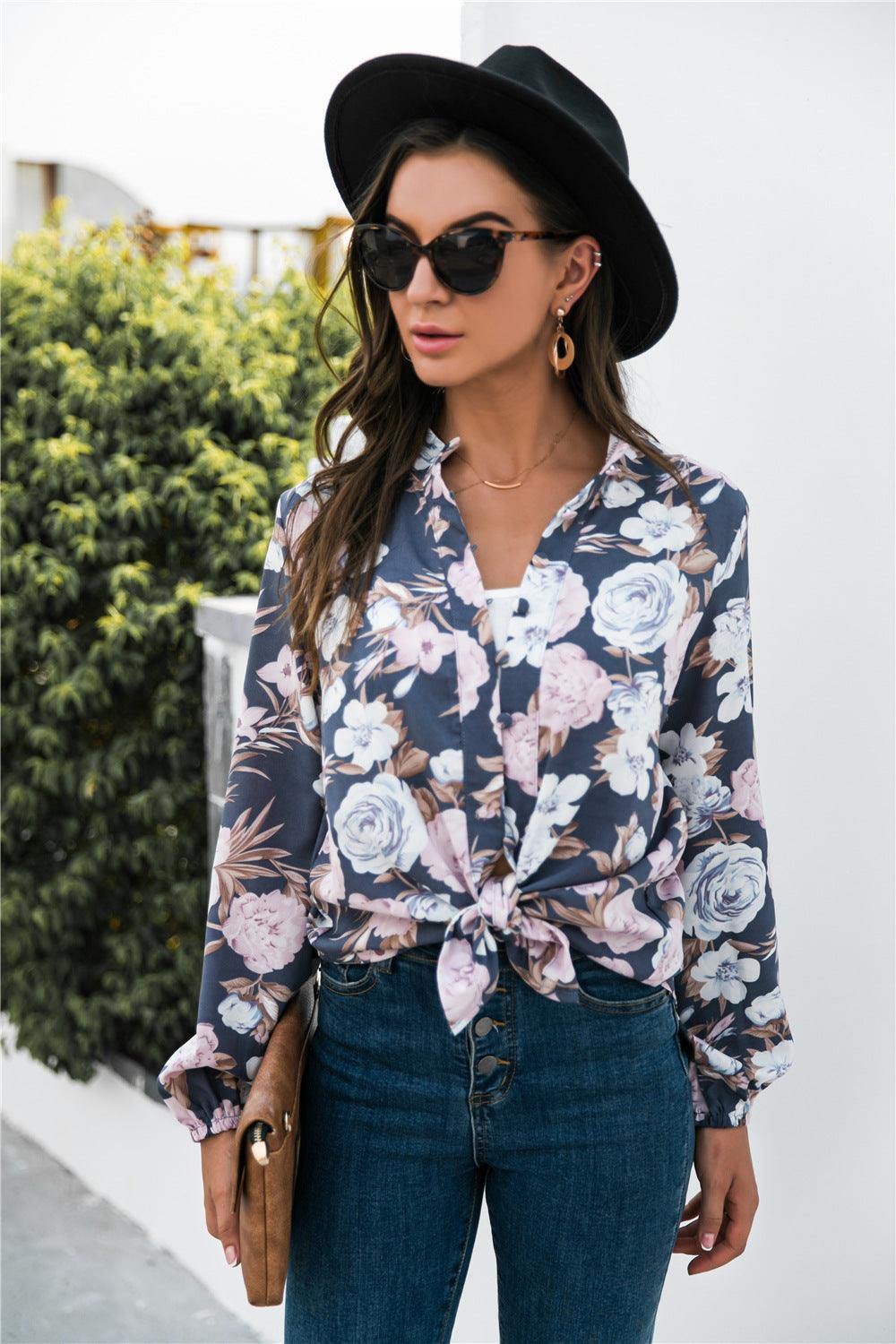 Floral Print Mock Neck Button Front Shirt - Trendsi
