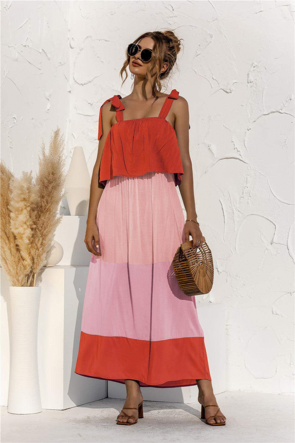 Color Block Tie Shoulder Tiered Sleeveless Dress - Trendsi - Flyclothing LLC