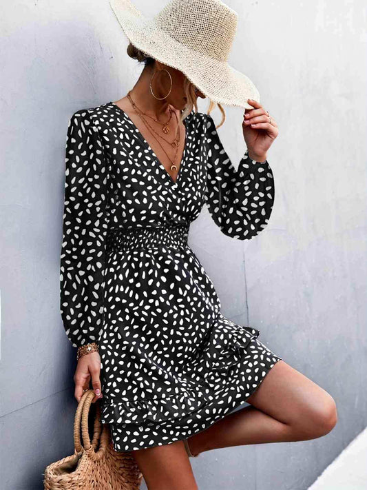 Printed Ruffle Trim Smocked Mini Dress - Trendsi - Flyclothing LLC