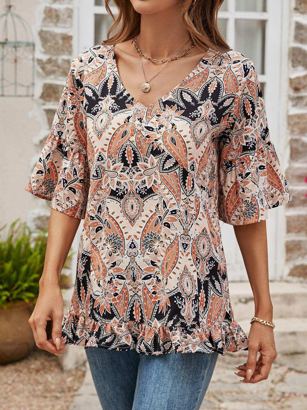 Printed Flounce Sleeve Ruffle Hem Blouse - Trendsi - Flyclothing LLC