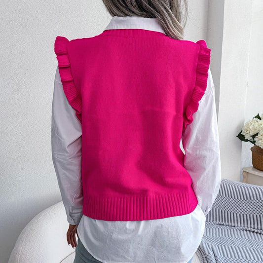 Ruffle Shoulder Ribbed Trim Sweater Vest - Trendsi