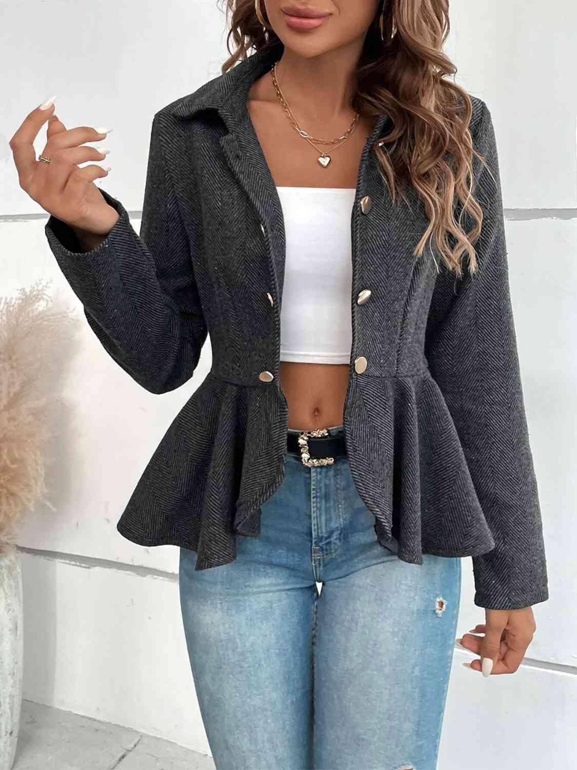 Ruffle Hem Collared Blazer - Trendsi
