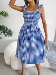 Frill Plaid Square Neck Midi Dress - Trendsi