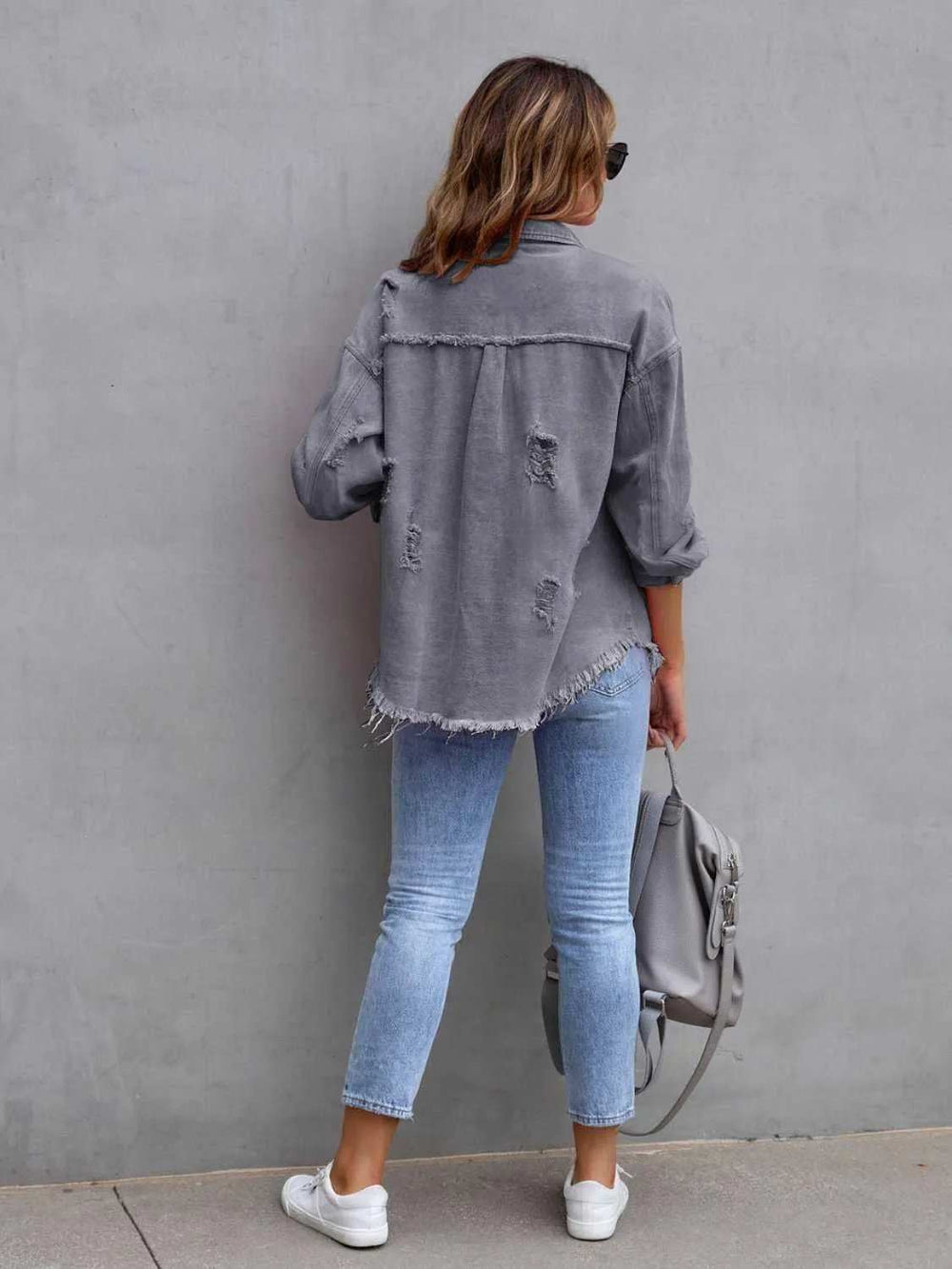 Distressed Drop Shoulder Denim Jacket - Trendsi - Flyclothing LLC