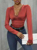 Lace Detail Plunge Long Sleeve Bodysuit - Trendsi - Flyclothing LLC