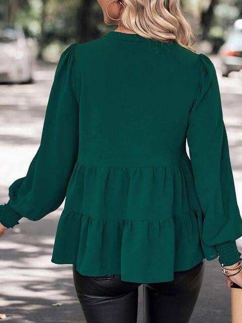 Notched Neck Lantern Sleeve Blouse - Trendsi - Flyclothing LLC