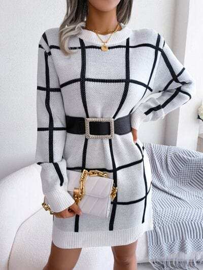 Plaid Round Neck Dropped Shoulder Sweater Dress - Trendsi - Flyclothing LLC