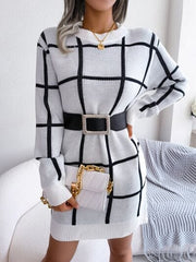 Plaid Round Neck Dropped Shoulder Sweater Dress - Trendsi