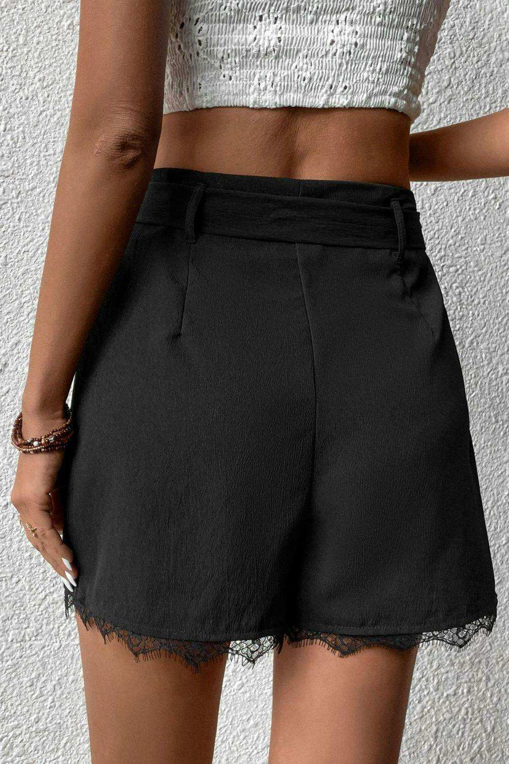 Tie Belt Lace Trim Shorts - Trendsi - Flyclothing LLC