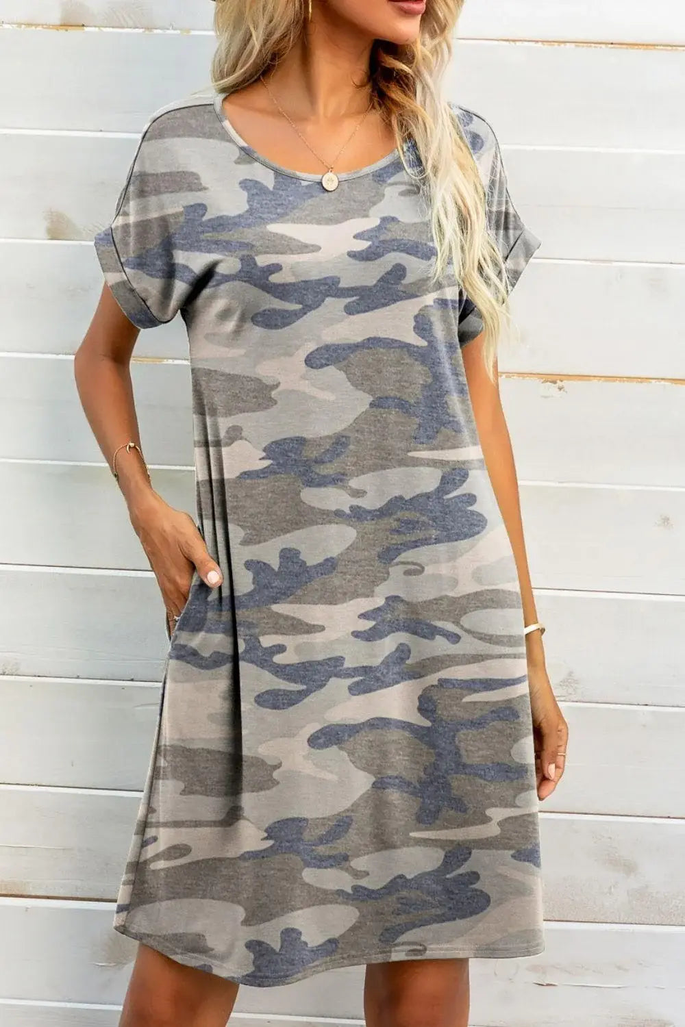 Scoop Neck Short Sleeve Pocket Dress - Trendsi - Flyclothing LLC