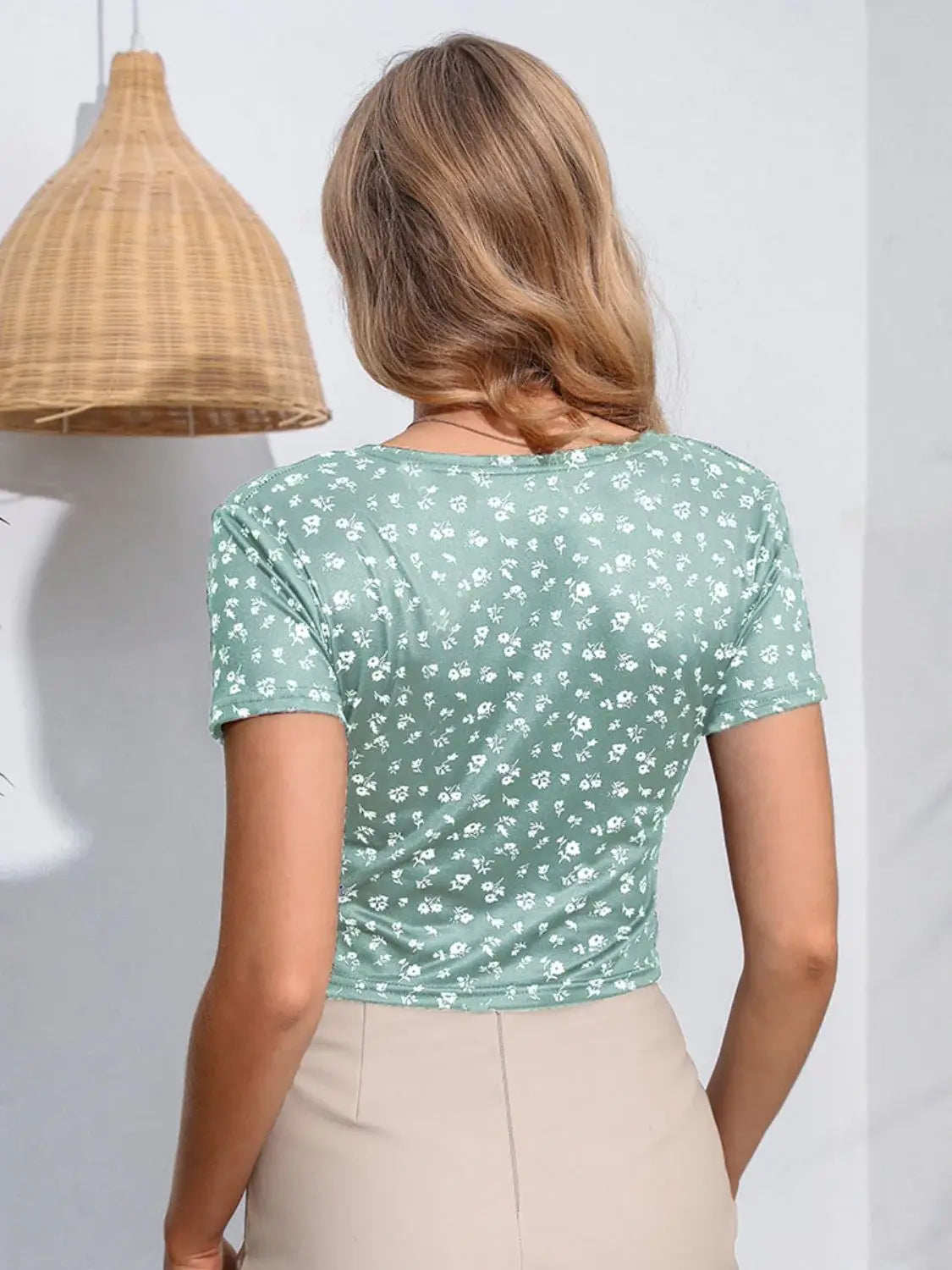 Floral Surplice Neck Short Sleeve Top - Trendsi - Flyclothing LLC