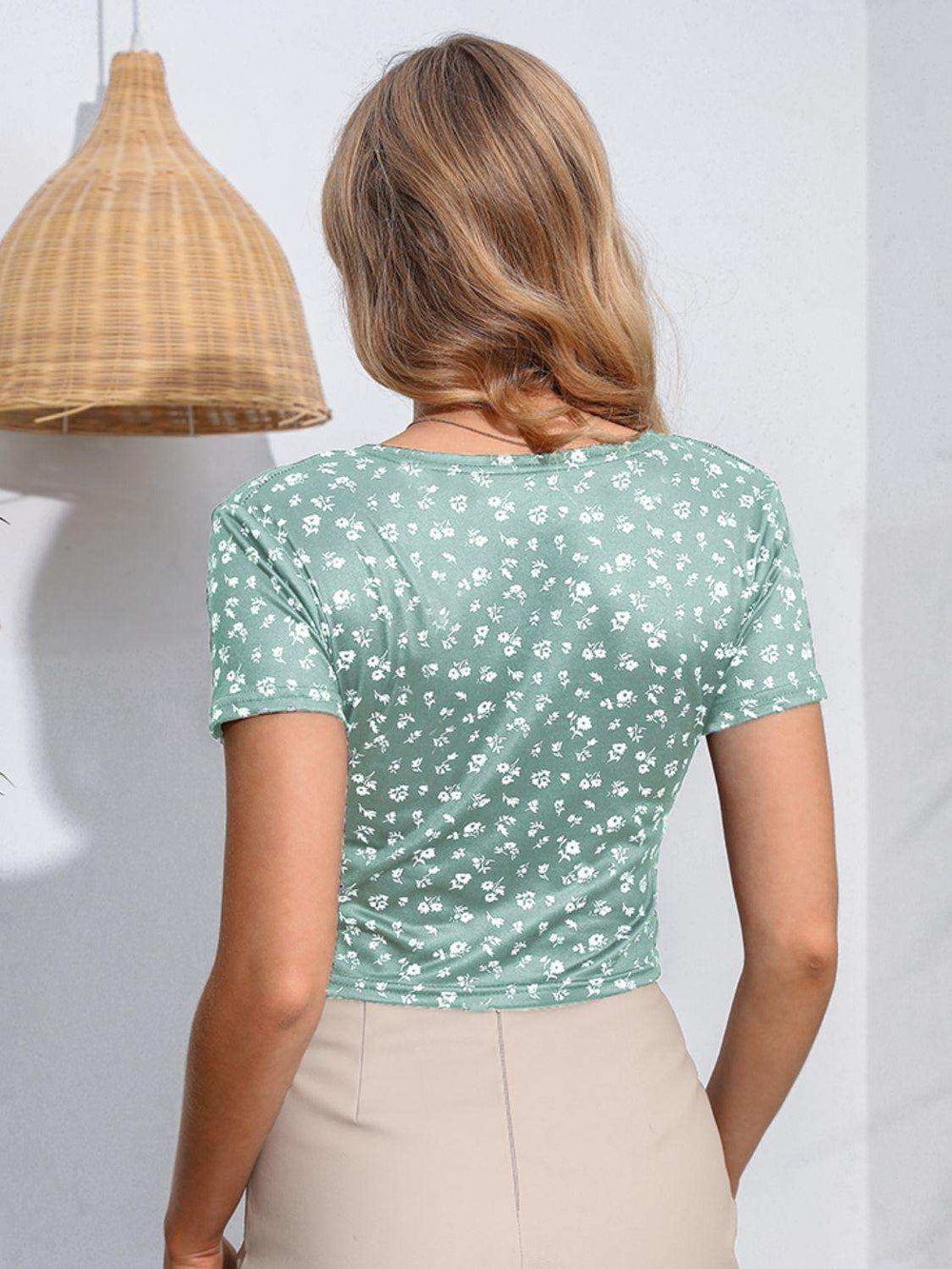 Floral Surplice Neck Short Sleeve Top - Trendsi - Flyclothing LLC