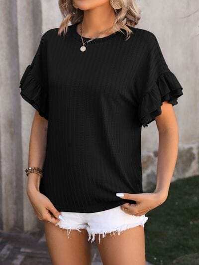 Ruffled Round Neck Short Sleeve Blouse - Trendsi - Flyclothing LLC
