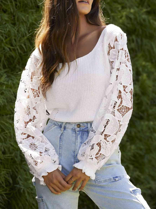Ribbed Lace Trim Flounce Sleeve Knit Top - Trendsi
