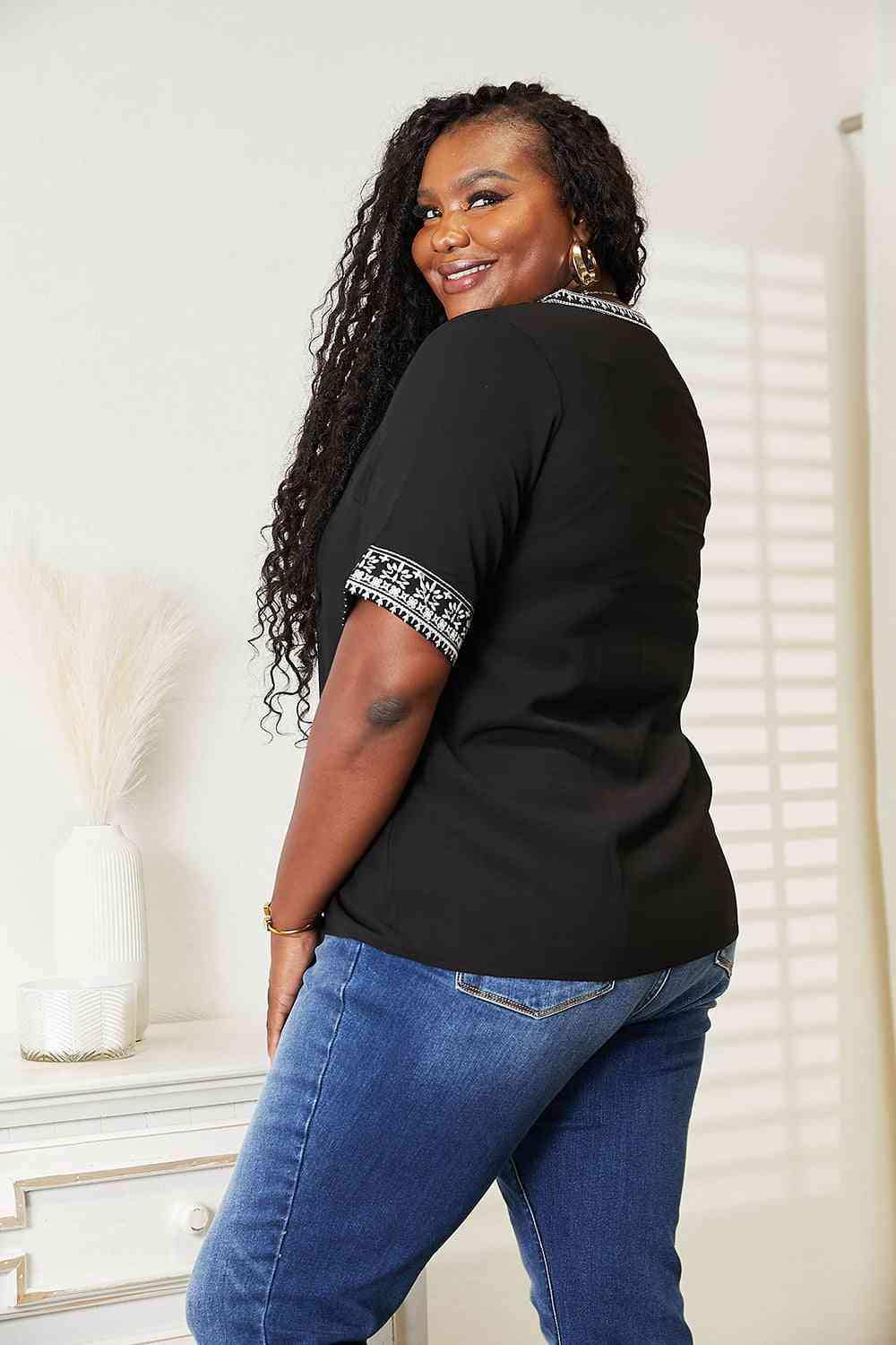 Double Take Embroidered Notched Neck Top - Trendsi - Flyclothing LLC