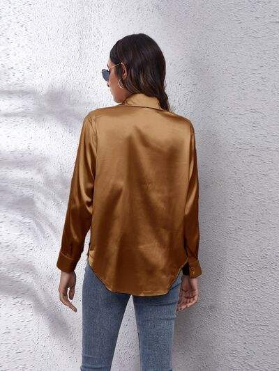 Button Up Collared Neck Long Sleeve Shirt - Trendsi - Flyclothing LLC