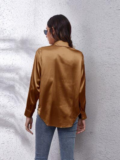 Button Up Collared Neck Long Sleeve Shirt - Trendsi