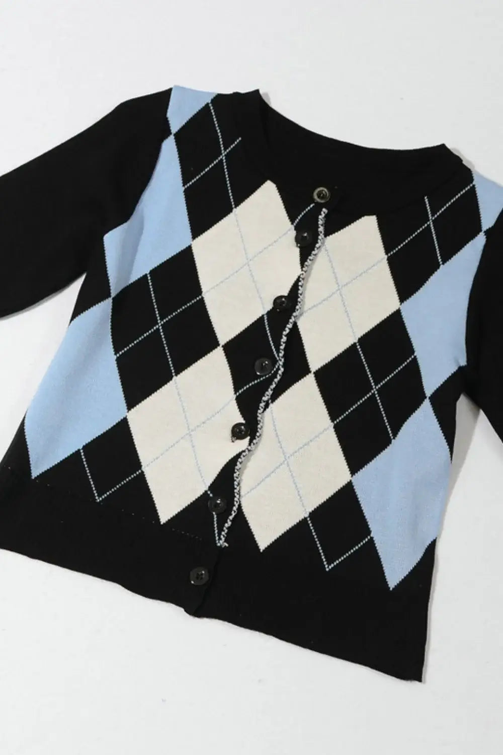Argyle Round Neck Ribbed Trim Cardigan - Trendsi - Flyclothing LLC