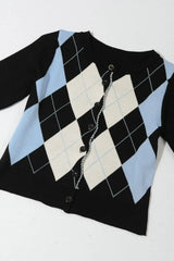 Argyle Round Neck Ribbed Trim Cardigan - Trendsi - Flyclothing LLC