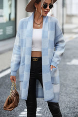 Plaid Dropped Shoulder Cardigan with Pocket - Trendsi - Flyclothing LLC