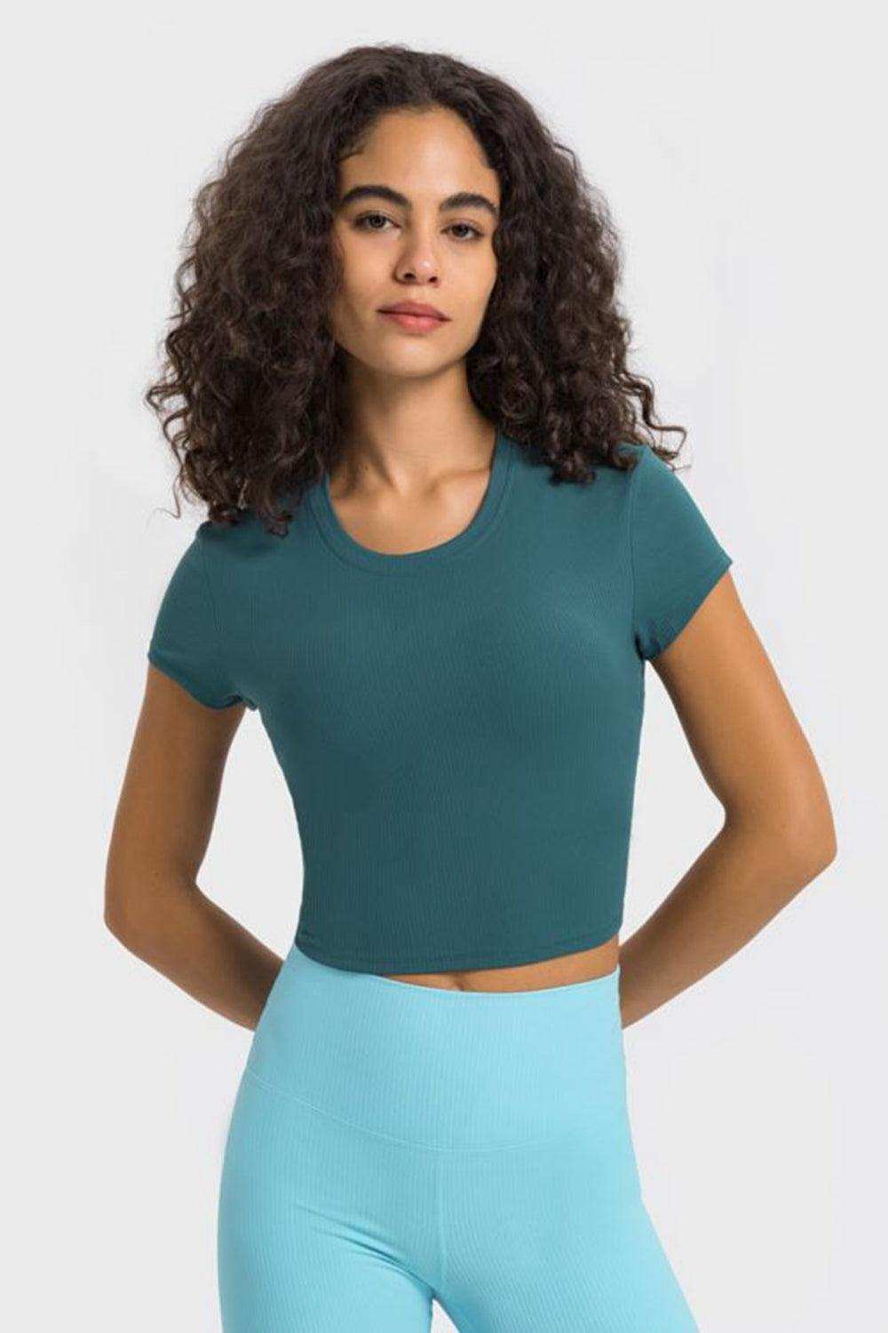 Round Neck Short Sleeve Cropped Sports T-Shirt - Trendsi - Flyclothing LLC