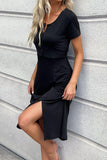 Buttoned Short Sleeve Slit Dress - Trendsi
